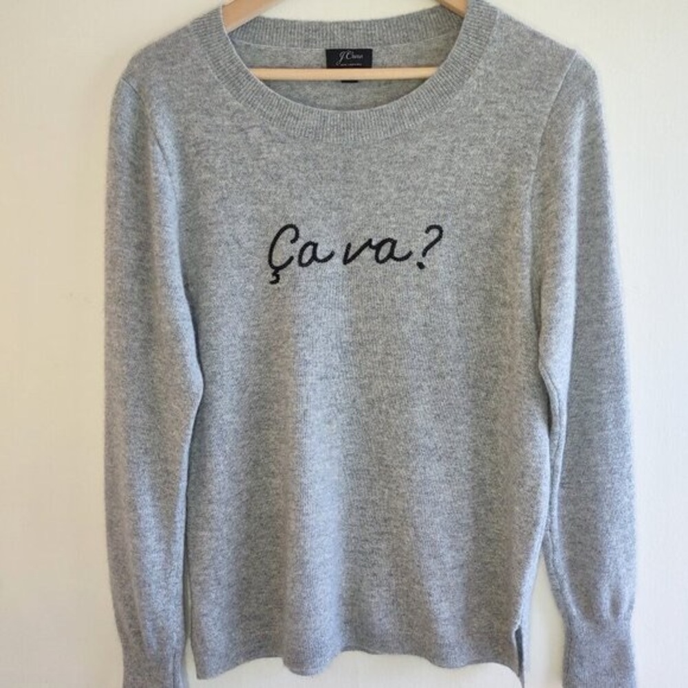 J. Crew Cashmere Crewneck Sweater Ca Va Embroidered Gray Size XS